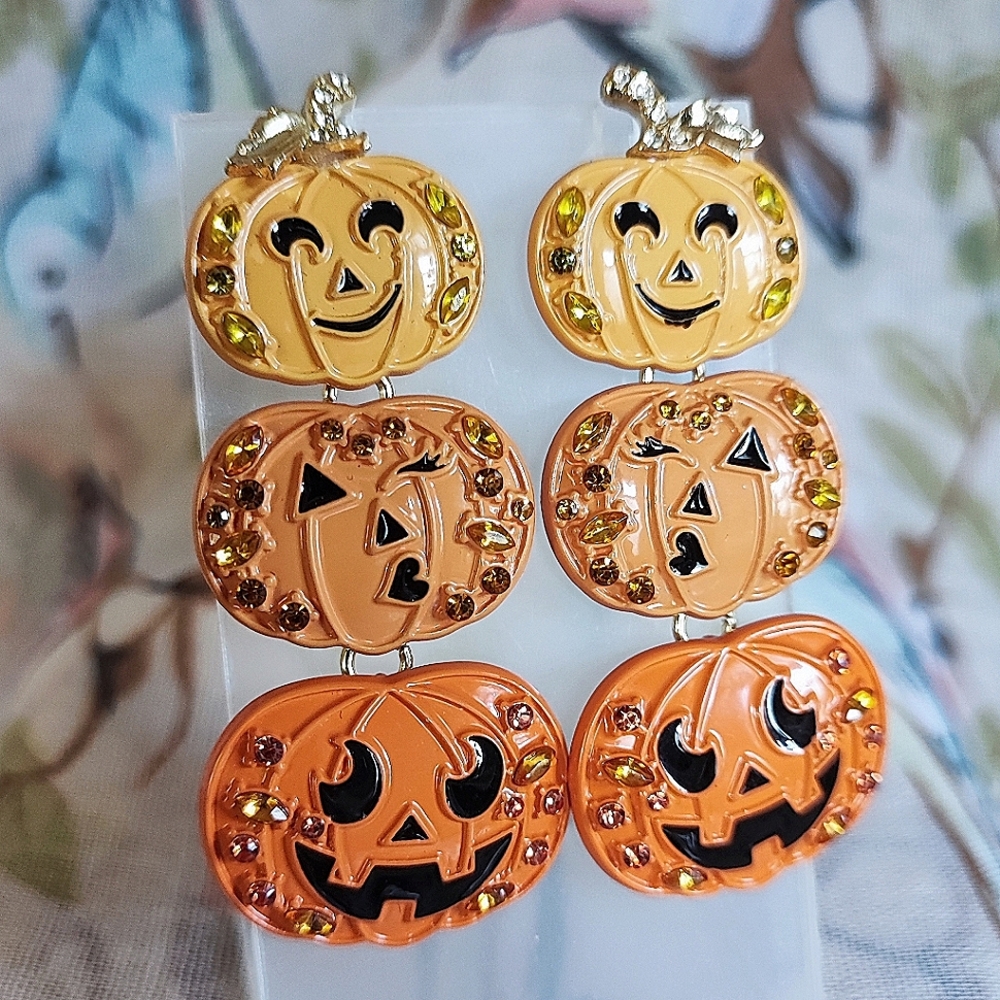SugarFix BaubleBar Stacked Jacks Pumpkin Halloween Enamel Pierced Earrings NWT